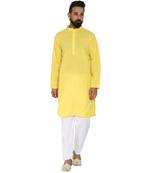 Mag Men's Cotton Yellow Kurta White Pajama Set For Men