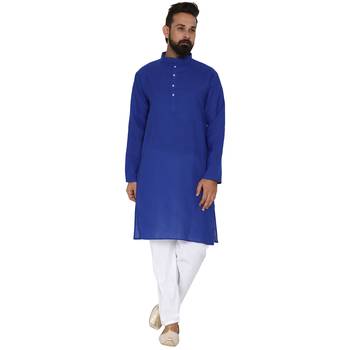 Mag Men's Cotton Royal Blue Kurta White Pajama Set For Men 1