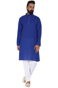 Mag Men's Cotton Royal Blue Kurta White Pajama Set For Men