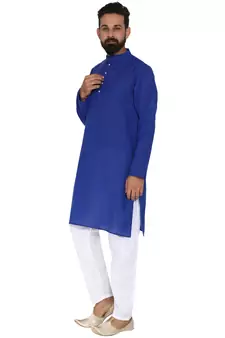 Mag Men's Cotton Royal Blue Kurta White Pajama Set For Men