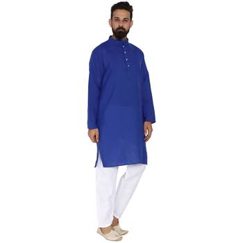 Mag Men's Cotton Royal Blue Kurta White Pajama Set For Men 3