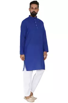Mag Men's Cotton Royal Blue Kurta White Pajama Set For Men