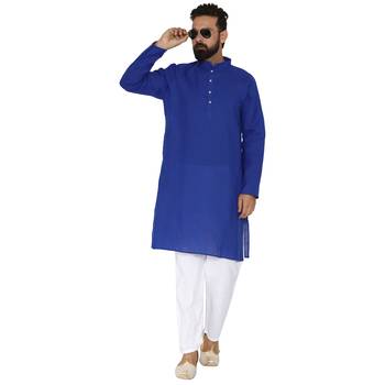 Mag Men's Cotton Royal Blue Kurta White Pajama Set For Men 5