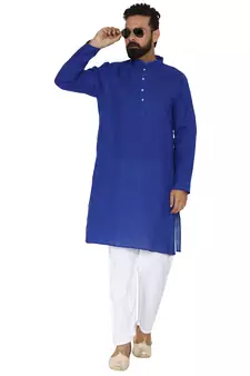 Mag Men's Cotton Royal Blue Kurta White Pajama Set For Men