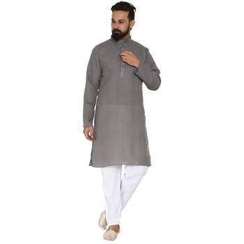 Mag Men's Cotton Grey Kurta White Pajama Set For Men 1