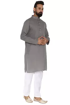 Mag Men's Cotton Grey Kurta White Pajama Set For Men