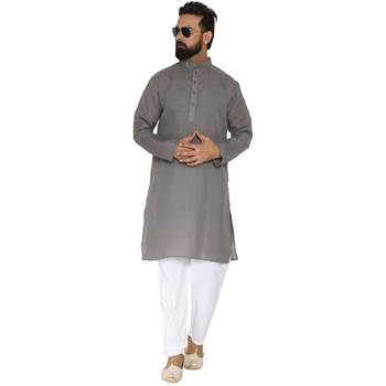 Mag Men's Cotton Grey Kurta White Pajama Set For Men 5
