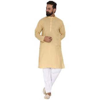 Mag Men's Cotton Gold Kurta White Pajama Set For Men 1