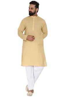 Mag Men's Cotton Gold Kurta White Pajama Set For Men