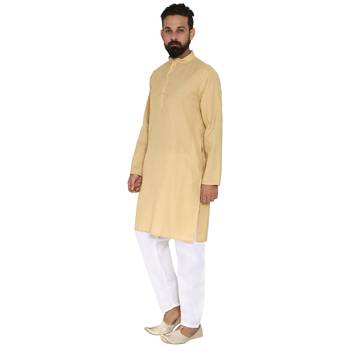 Mag Men's Cotton Gold Kurta White Pajama Set For Men 2