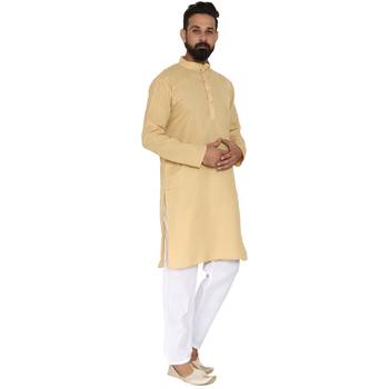 Mag Men's Cotton Gold Kurta White Pajama Set For Men 3