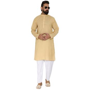 Mag Men's Cotton Gold Kurta White Pajama Set For Men 5