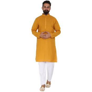 Mag Men's Cotton Mustard Kurta White Pajama Set For Men 1
