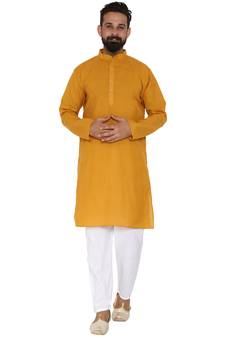 Mag Men's Cotton Mustard Kurta White Pajama Set For Men