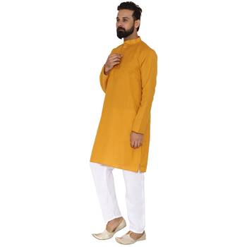 Mag Men's Cotton Mustard Kurta White Pajama Set For Men 2