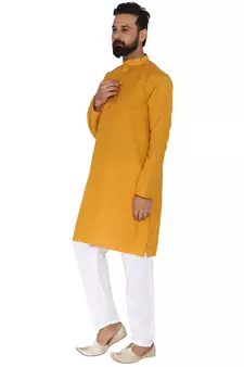 Mag Men's Cotton Mustard Kurta White Pajama Set For Men