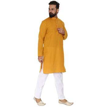 Mag Men's Cotton Mustard Kurta White Pajama Set For Men 3