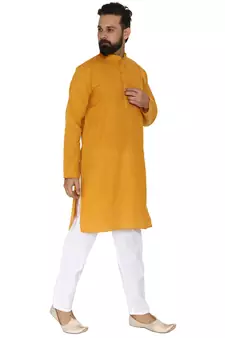 Mag Men's Cotton Mustard Kurta White Pajama Set For Men