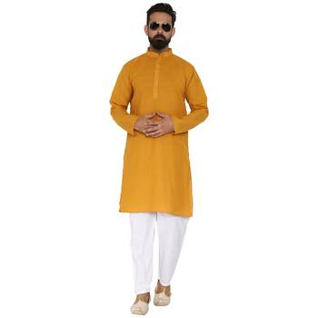 Mag Men's Cotton Mustard Kurta White Pajama Set For Men 5