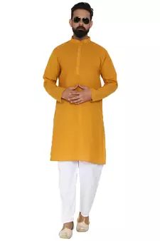 Mag Men's Cotton Mustard Kurta White Pajama Set For Men