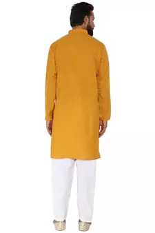 Mag Men's Cotton Mustard Kurta White Pajama Set For Men