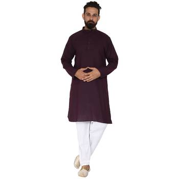 Mag Men's Cotton Pink Violet Kurta White Pajama Set For Men 1