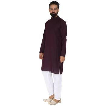 Mag Men's Cotton Pink Violet Kurta White Pajama Set For Men 2