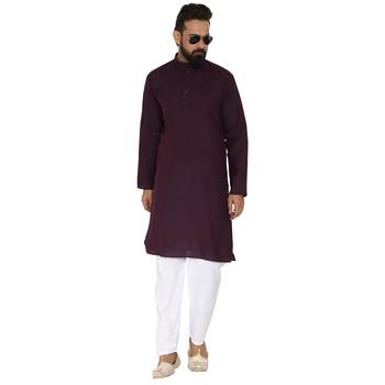 Mag Men's Cotton Pink Violet Kurta White Pajama Set For Men 5