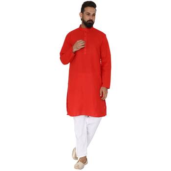 Mag Men's Cotton Red Kurta White Pajama Set For Men 1