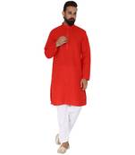 Mag Men's Cotton Red Kurta White Pajama Set For Men