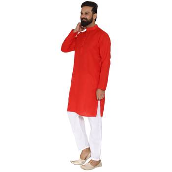 Mag Men's Cotton Red Kurta White Pajama Set For Men 2