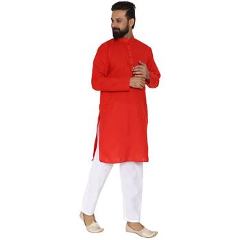 Mag Men's Cotton Red Kurta White Pajama Set For Men 3