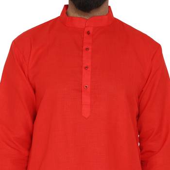 Mag Men's Cotton Red Kurta White Pajama Set For Men 4