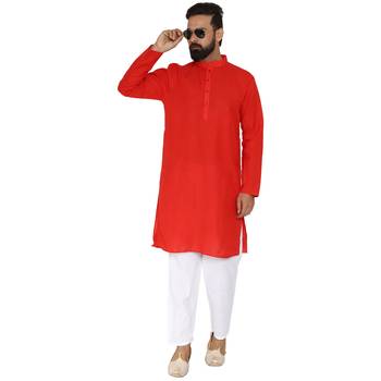 Mag Men's Cotton Red Kurta White Pajama Set For Men 5
