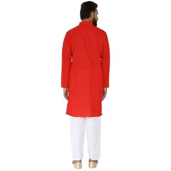 Mag Men's Cotton Red Kurta White Pajama Set For Men 6
