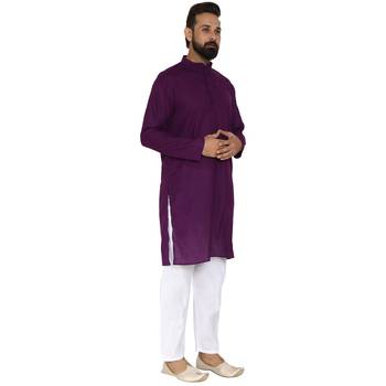 Mag Men's Cotton Purple Kurta White Pajama Set For Men 3