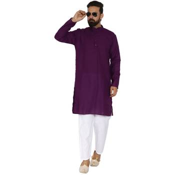 Mag Men's Cotton Purple Kurta White Pajama Set For Men 5