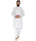 Mag Men's White Casual Cotton Blend Green Printed Kurta  Pajama SetFor Men