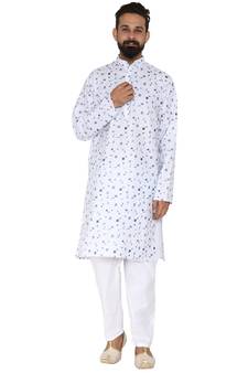 Mag Men's White Casual Cotton Blend Blue Printed Kurta  Pajama SetFor Men