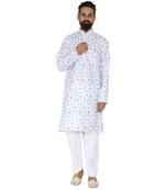Mag Men's White Casual Cotton Blend Blue Printed Kurta  Pajama SetFor Men