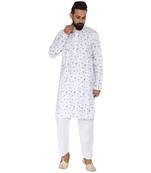 Mag Men's White Casual Cotton Blend Gray Printed Kurta  Pajama SetFor Men