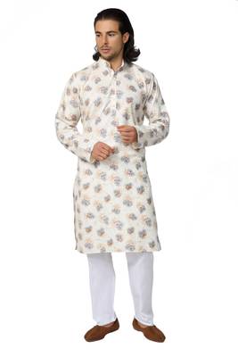 Mag Men's Cream Casual Cotton Blend Blue Printed Kurta  Pajama SetFor Men 1