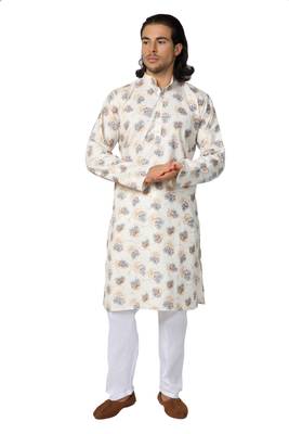Mag Men's Cream Casual Cotton Blend Blue Printed Kurta  Pajama SetFor Men 2