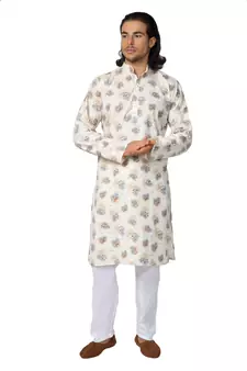 Mag Men's Cream Casual Cotton Blend Blue Printed Kurta  Pajama SetFor Men