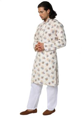Mag Men's Cream Casual Cotton Blend Blue Printed Kurta  Pajama SetFor Men 3