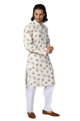 Mag Men's Cream Casual Cotton Blend Blue Printed Kurta  Pajama SetFor Men 4