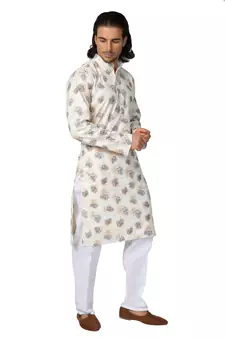 Mag Men's Cream Casual Cotton Blend Blue Printed Kurta  Pajama SetFor Men