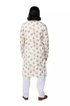 Mag Men's Cream Casual Cotton Blend Blue Printed Kurta  Pajama SetFor Men