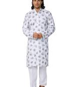 Mag Men's White Casual Cotton Blend Orange Printed Kurta  Pajama SetFor Men