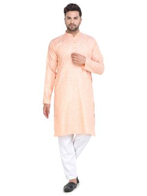 orange cotton kurta set with checked work design 1